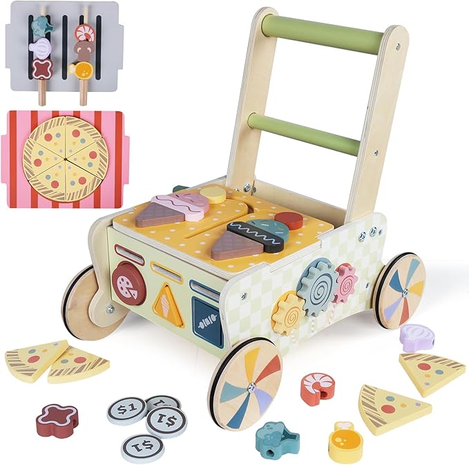 Wooden Baby Walker with Wheels, Montessori Kitchen Walking Toys, Pretend Play Grocery Toys, Sorting and Stacking Toys for Infants and Toddlers, Push and Pull Learning Activity Walkers