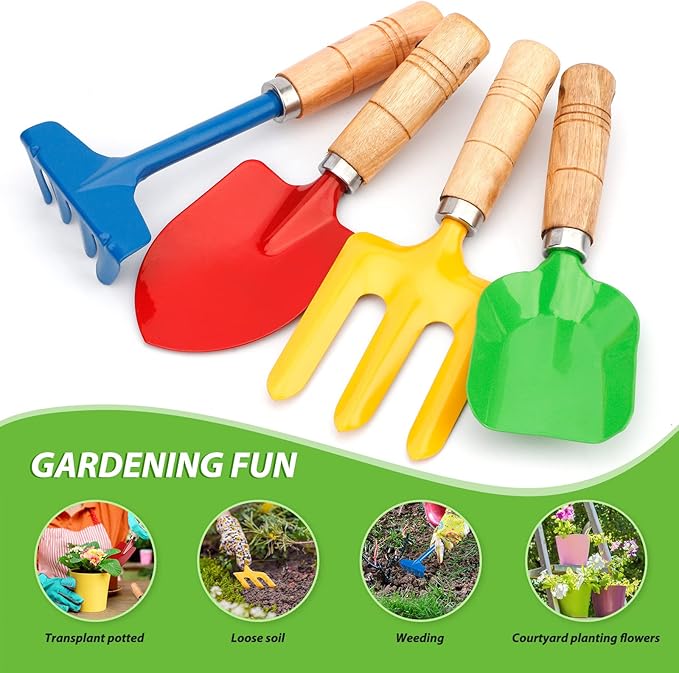 Metal Garden Tool Set with Scoop Leaf Rake Weed Fork Hoe Sand Toy for Kids Adults, Toddler Beach Sandbox Shovels Kit, Beach Garden Gear Accessories Gift for Outdoor Digging Treasure Hunt(4PCS)