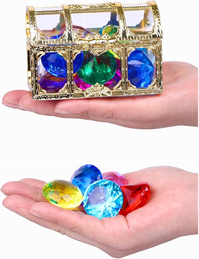 Diving gem Pool Toys Sand Toys,14 Color Diamond Treasure Chest Summer Swimming gems Pirate Diving Toy Set Underwater Swimming toyChildren's Game Gifts for Boys and Girls(Golden)