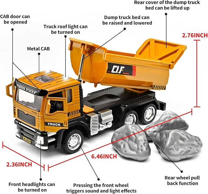 Dump Truck Toys for Boys 3-5 Year Old,Dump Truck Toy Metal Diecast Cab,Pull Back Toy Dump Trucks Construction Vehicles with Lights and Sounds,Construction Trucks for Toddlers 3-5