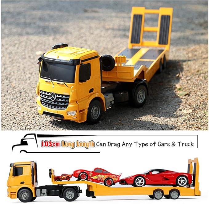 DOUBLE E Benz Authorized Remote Control Semi Truck with 2 Batteries 2.4Ghz Trailer RC Flatbed Trailer Crane Tractor, Electronics Construction Vehicles Toy with Sound and Lights