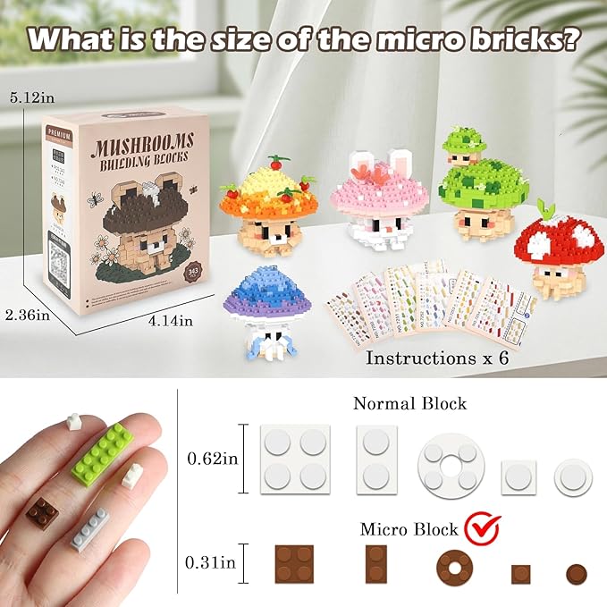 HIGH GODO 6 Set Mushroom Animals Micro Building Block Set, Creative Ideals Mushroom Animal Building Kit for Adults, Party Favors for Kids Boys Girls 12+ (1956PCS)