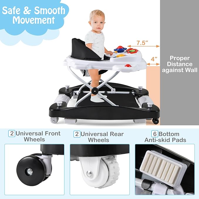 HONEY JOY Baby Walker, 6-in-1 Foldable Baby Walker and Bouncer Combo, Infant Activity Walker with Wheels, Adjustable Heights, Rocker, Music, Lights, Walker for Baby Boy Girl 7-14 Months (Black)