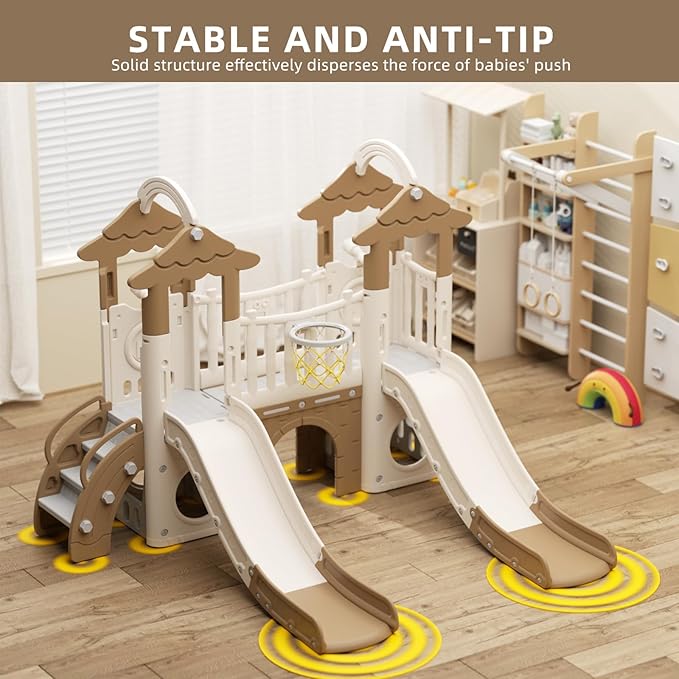 KORIMEFA 10-in-1 Toddler Slide, Kid Double Slide for Toddlers Age 1-3, Basketball Hoop, and Telescope, Indoor Outdoor Slide Toddler Playset Toddler Playground, Forest Themed Brown