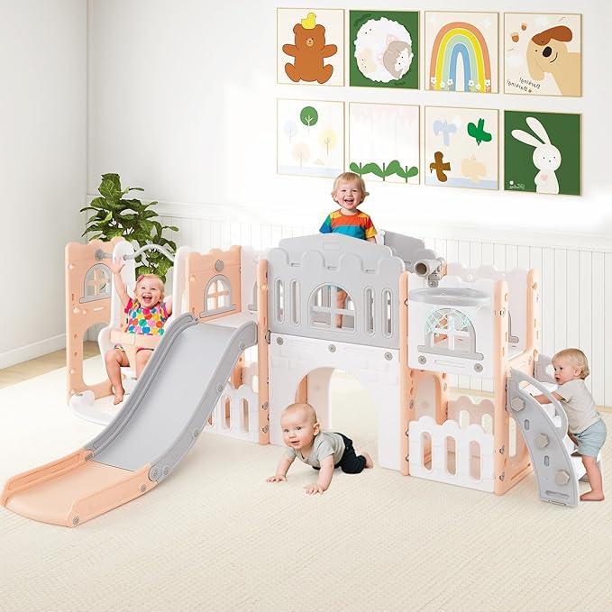 Costzon 10 in 1 Toddler Swing and Slide Set, Kids Slide and Climber Playset w/Aisle, Peek-a-Boo Window & Storage Space, Baby Indoor Playground for Aged 1+ (Pink,100" × 59" × 40")