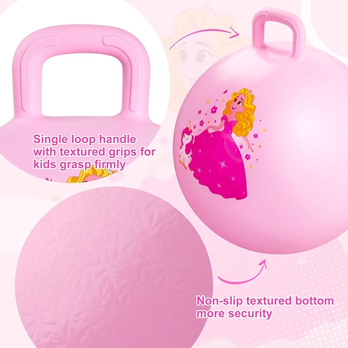 ZOOJOY Princess Hopper Ball, 18 Inch Bouncy Ball with Handle for Kids Aged 3-8, Inflatable Jumping Toys for Girls Boys, Pink Hopping Toys Gift with Pump