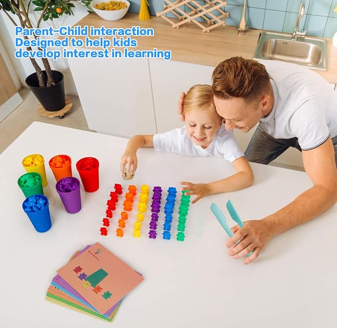 NEOROD Rainbow Counting Bears with Matching Sorting Cups, Number Color Recognition STEM Educational Toddler Preschool Math Manipulatives Toy Set of 90, 2 Tweezers, 2 Dices, 12 Cards, Container