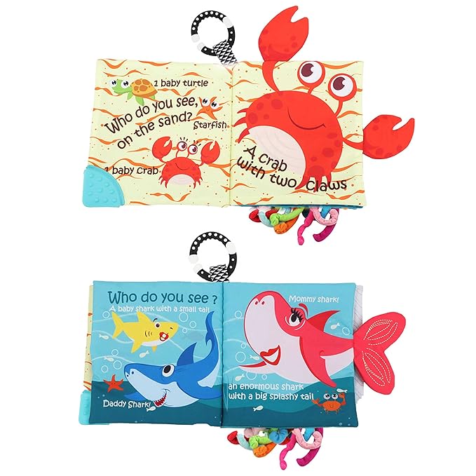 Fish Baby Books Toys, Touch Feel Cloth Crinkle Books for Babies,Baby Infant Toys 0-6, 6-12,12-18 Months,Early Learning Education, Christmas Shower Baby Gifts for Boys Girls,Teething,Mirror,Shark Ocean