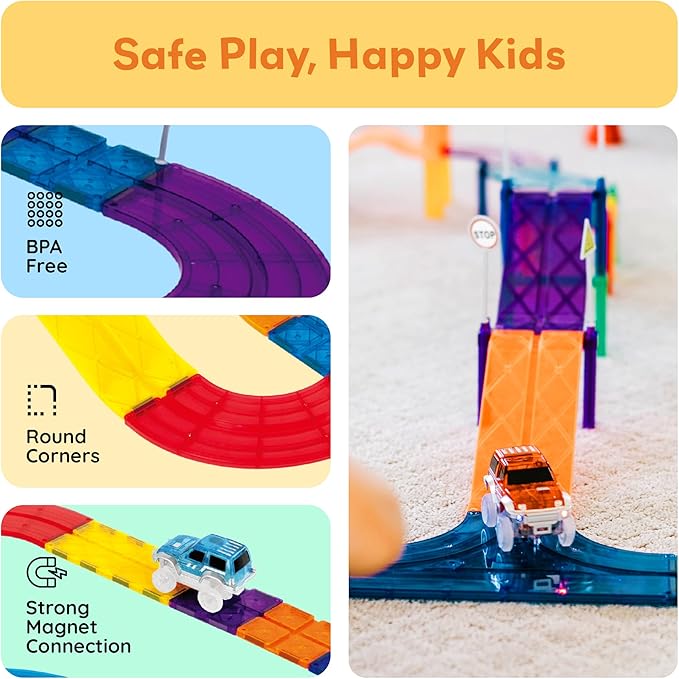 PicassoTiles Magnetic Tiles Race Track Car Thrilling Toy Playset Includes 2 Racing Trucks STEM Educational Magnet Tile Building Block Construction Set for Toddlers Boys Girls Ages 3 and Older PTR30