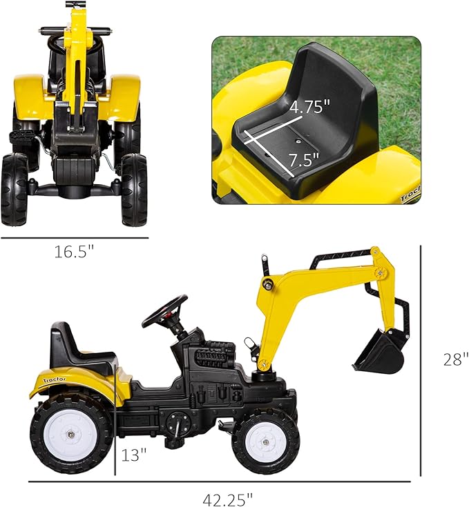 Aosom Kids Ride On Excavator, Pedal Digger, Construction Truck with Horn for Kids and Toddlers 3+, Yellow