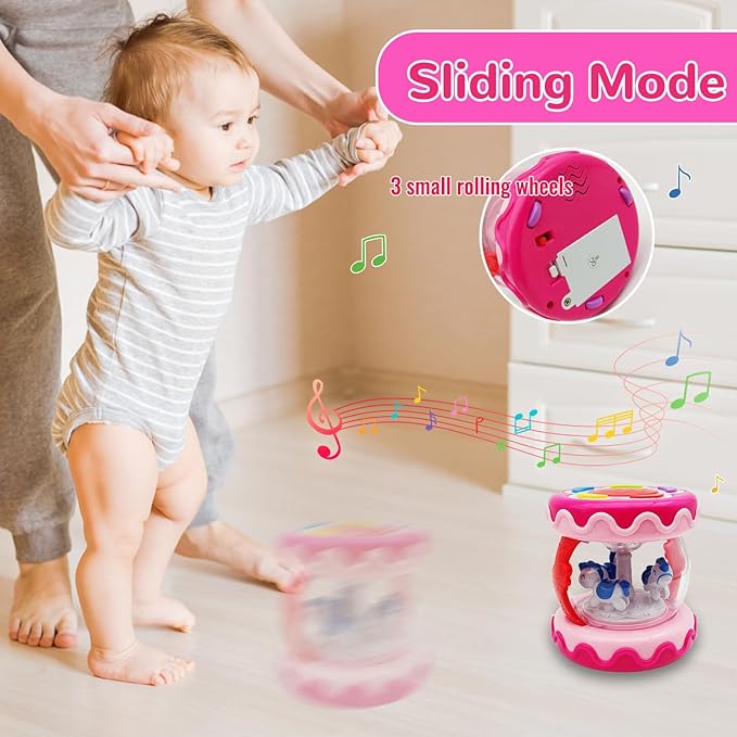 Baby Girl Toys 18+ Months Hand Drum Rotating Musical Light Up Sensory Activity Crawling Toys 2 3+ Year Old Infant Girls Baby Gifts (Pink)