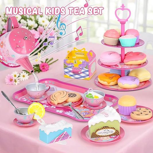 Tea Party Set for Toddles 3-5,PRE-WORLD Musical Kids Tea Set for Little Girls with Dessert,Cookies,Doughnut,Cake,Cake Stand,Tablecloth & Carrying Case,Kitchen Pretend Play Toys for Girls Boys Age 3-6