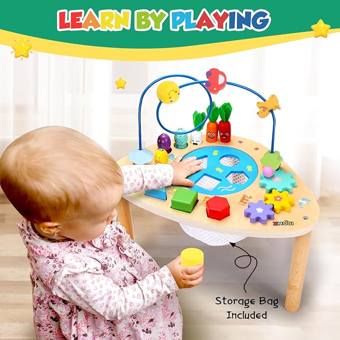 wingyz Activity Table for 1+ Year Old, 6 in 1 Wooden Montessori Activity Center Play Table with Bead Maze Shape Sorter Fishing Game, Kids Sensory Educational Toddler Learning Toys