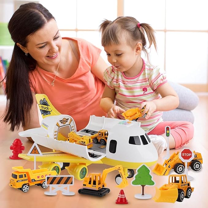 Dwi Dowellin Construction Toy Airplane Set/Play Mat,Excavator,Bulldozer,Mixer,Dumper Truck,Forklift,Crane,Alloy Metal Car Toys for 3 4 5 6 Years Old Toddlers Kids Boys & Girls(Large)