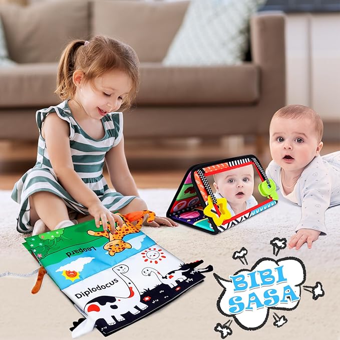 Tummy Time Baby Mirror Toys 0-6 6-12 Months - Montessori Infant Toys Brain Development with Crinkle Cloth Book and Teether - High Contrast Newborn Sensory Toys for Babies Boys Girls Gifts