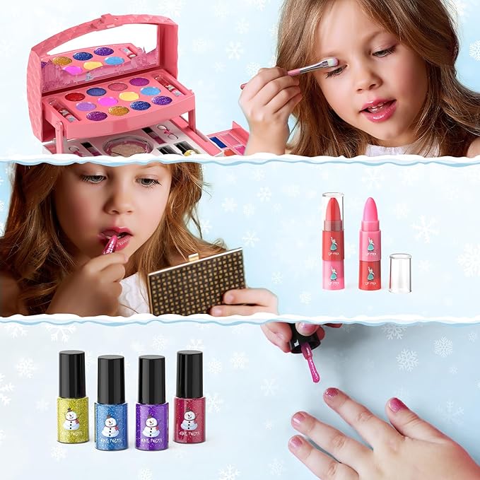 PERRYHOME Kids Makeup Set for Girl 56 Pcs Washable Real Cosmetic, Non-Toxic Frozen Toys Toddler Makeup Kit, Princess Dress up Christmas & Birthday Girl Gift for 3 4 5 6 7 8 9 10 11 12 Year Old Girls