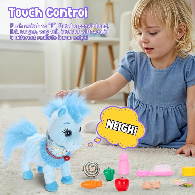 Blue Interactive Walking Singing Pony, Toy Horse Talking Dancing Pony with Leash, Electric Plush Pony Horse Pet Toy for Toddler, Nod Lick Wag Repeat What You Say 3+ Girl Boy Kid