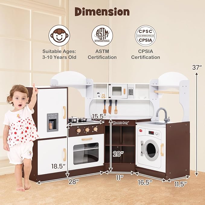 HONEY JOY Corner Kids Kitchen Playset, Ultimate Wooden Play Kitchen for Toddlers, Washing Machine, Ice Maker, Sink, Microwave, Little Chef Pretend Play Toy Kitchen Set, Gift for Boys Girls, Espresso
