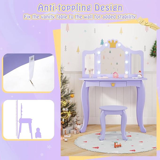HONEY JOY Kids Vanity with Lights, Crown Girls Vanity Set with Mirror and Stool and Lights, Toddler Vanity, Wooden Makeup Table for Little Girls, Pretend Play Kids Vanity Table and Chair Set(Violet)