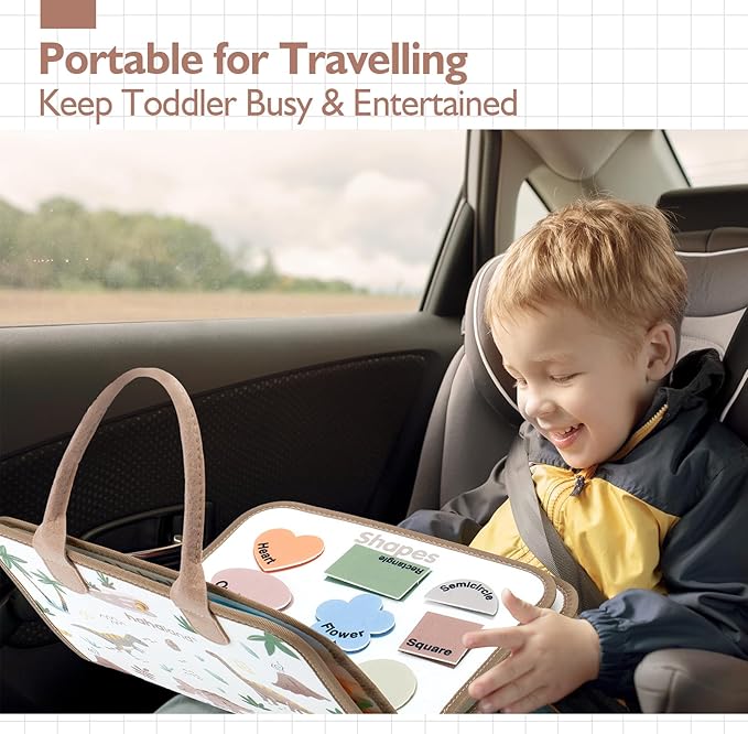 hahaland Montessori Busy Board for Toddlers Boy Toys Birthday Gift - Travel Toys - Dinosaur, Alphabet, Number, Shape, Drawing, Life Skills