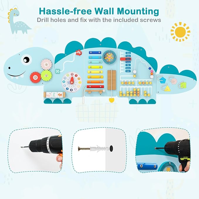 HONEY JOY Dinosaur Activity Wall Busy Board Panels, 11-in-1 Wooden Sensory Wall Panel for Kids, Toddler Learning Activity Center, Ideal for Playroom Daycare Nursery Classroom Dentist Office (Blue)