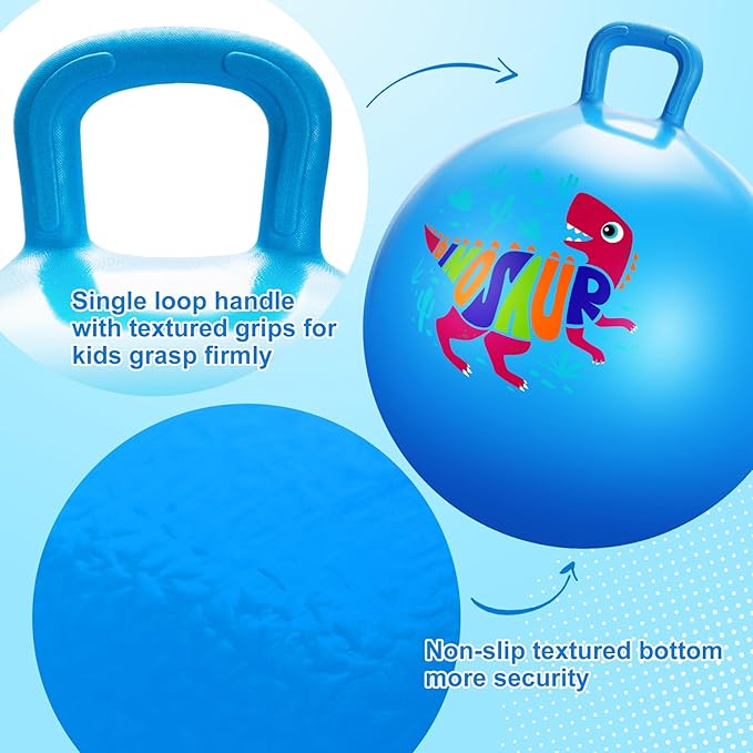 ZOOJOY Hopper Ball for Kids Aged 3-8, 18In Bouncy Balls with Handle, Blue Dinosaur Hoppity Hop Ball, Indoor Outdoor Inflatable Christmas Hopping Toys Gifts for Boys Girls