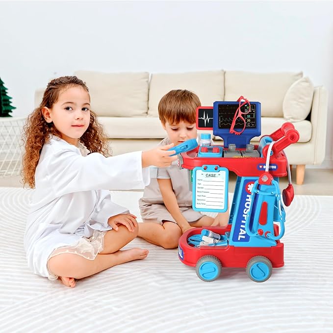 Doctor Kit for Toddlers 3 4 5, Kids Doctor Cart Toy with Costume & Stethoscope, Medical Pretend Role Play Set for Girls Boys Christmas Birthday Gift