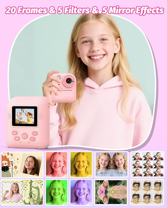 Kids Camera Instant Print Photo, Portable Thermal Printing Camera Toy with HD Digital Video, for 3-12 Years Old Boys Girls, Creativity & Learning (Pink)