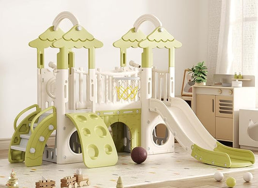 XJD 9 in 1 Toddler Slide, Jungle Slide with Basketball Hoop, Tunnel and Storage Space, Outdoor Indoor for Toddlers Age 1+,Tree House Design Toddlers Outdoor Indoor Playground (Green)