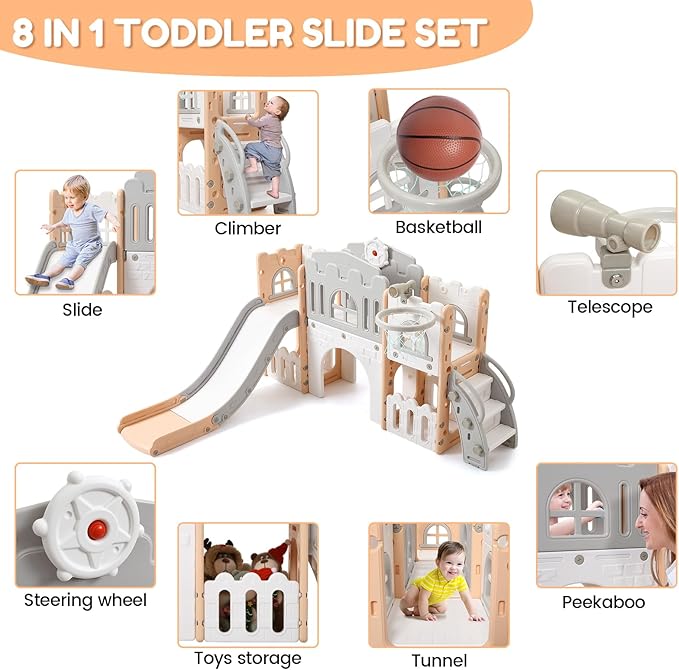 8 in 1 Toddler Slide Playset, Toddler Indoor Playground for Kids 1-3, Baby Outdoor Indoor Playset with Slide, Climber, Tunnel, Basketball Hoop, Toy Storage and Telescope for Toddlers Age 1-3