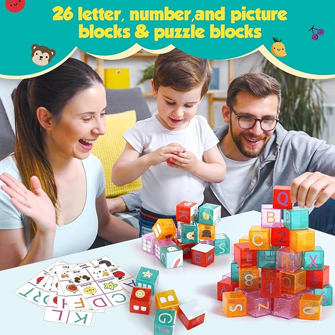 56PCS Building Blocks, Alphabet & Number Stacking Blocks for Toddlers with Storage Pull Toy Car & ABC Cards, Preschool Early Learning & Educational Toys, Baby Kids Birthday STEM Toys 3 4 5 6