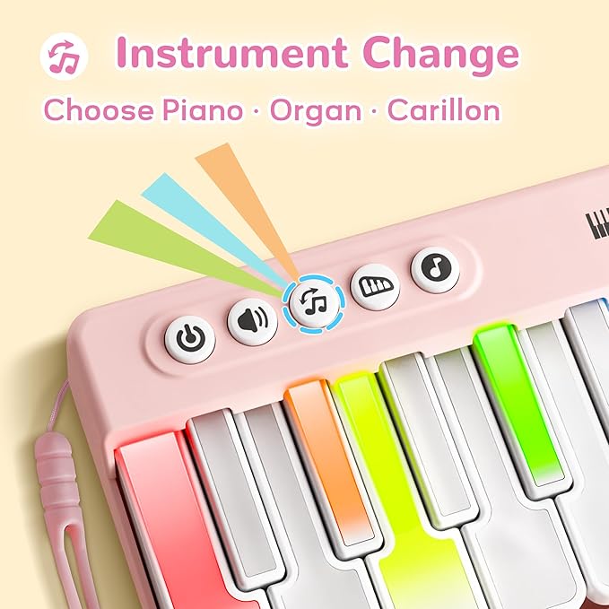iPlay, iLearn Kids Mini Piano Toy W/Rainbow Lights, Toddler Pocket Travel Piano Keyboard for 1-3, Portable Musical Instrument Toys, Music Interactive Birthday Gift 2 4 5 6 Year Old Boy Girl Child-Pink