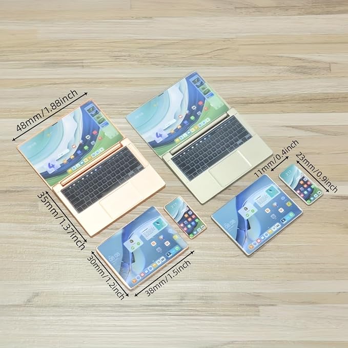 Dollhouse Decoration Miniature Accessories Dollhouse Worlds Smallest Computer Laptop Tablet Phone Simulation Accessories for Doll 1:6 1:12 Miniatures Play Set (Rose Golden)