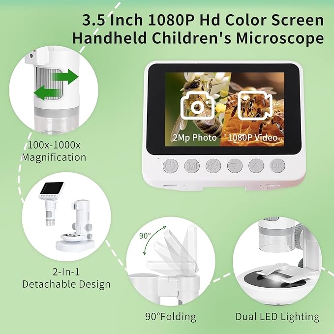 Microscope for Kids with up to 1000X Magnification, 3.5-inch Foldable Color Screen, 2-in-1 USB Microscope with Photo and Video for Classroom Education, Learning and Exploration