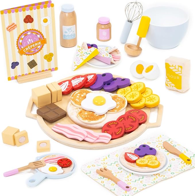 Wooden Play Food Pancake Toy Sets, Kids DIY Cooking Kitchen Pretend Play Food Set,Educational Learning Toys for Toddler 3 4 5 6 7 8 Ages Boys Girls Fun Imaginative Birthday Gift