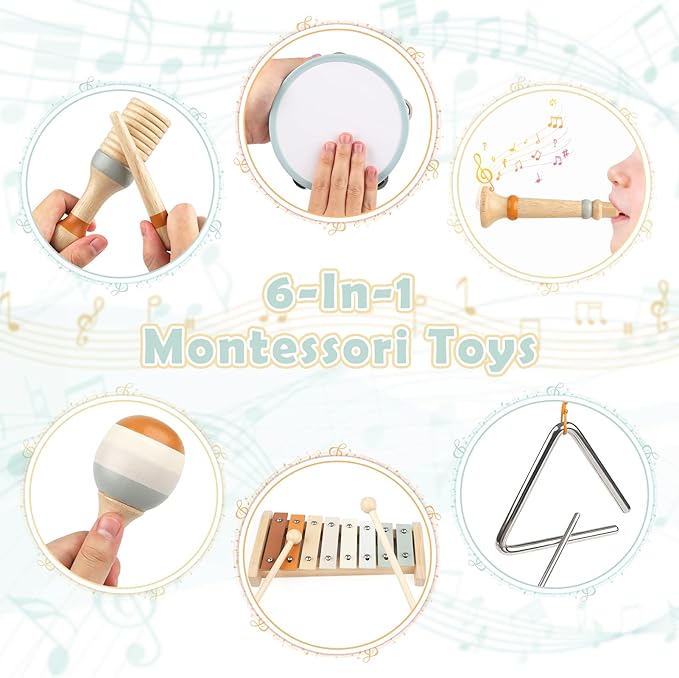 Musical Instruments - 6 in 1 Wooden Musical Toys for 2 3 Year Old Boy & Girls Birthday Gifts, Neutral Colors with Modern Boho Xylophone for Toddler Preschool Educational Toy for Baby 18+ Months