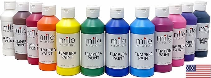 milo Washable Paint for Kids | 12 Colors 8 oz Bottles | Made in the USA | Safe and Non-Toxic Tempera Paint for Art & Craft, Poster, Window for Toddlers, Children, Classroom, School