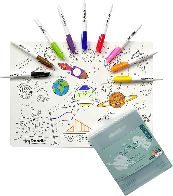 Hey Doodle Outer Space Classic Doodle Mat – Reusable Silicone Coloring Mat for Toddlers and Kids – Educational Space Activity Pad with 9 Markers – Mess-Free Travel Toy – Ages 3-7