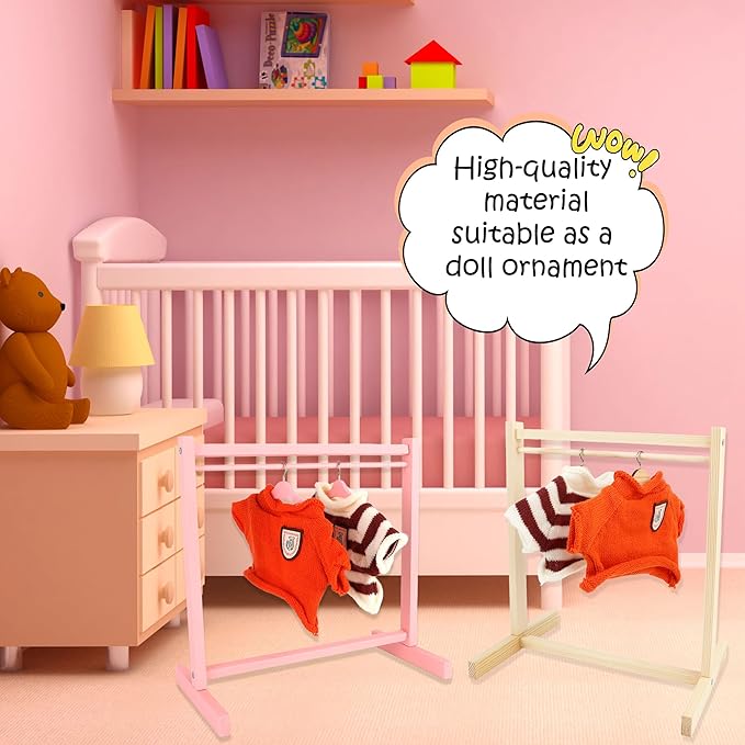 26 Pcs Wood Doll Garment Rack with Wooden Clothes Hanger Mini Wooden Girl Doll Clothes Hanger Organizer Storage Shelf for 18 Inch Girl Doll Clothes Baby Dollhouse (Color Set 2)