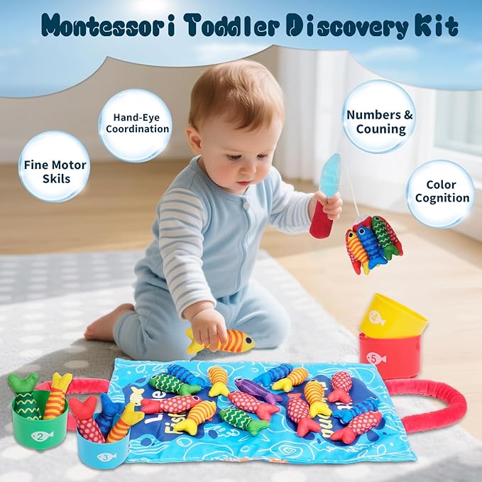TenFans Montessori Cloth Fishing Game for Toddlers 1-3 Year Old - First Birthday Gift Set with Stacking Cups & Color Sorting - Travel Sensory Toy