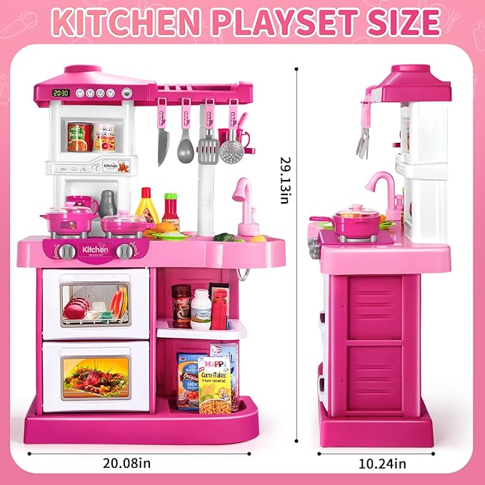 53 PCS Play Kitchen Pretend Food Set for Kids Ages 3-6 4-8, Pink Kitchen Toys with Light, Sound and Spraying, Sink Toy Accessories, Indoor Outdoor Playset for Toddlers 3-5 Boys Girls 6-12