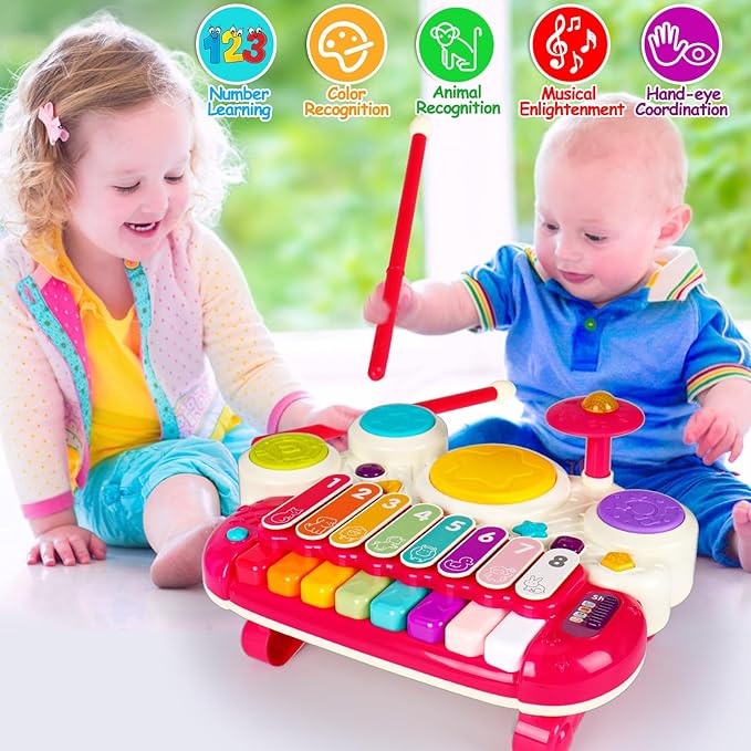 AugToy 3 in 1 Musical Toys for Toddlers 1-3 Piano Xylophone Drum Set Toys for 1 2 3 Year Old Girls Birthday Music Instruments Baby Learning Developmental Sensory Toys Toddler Toys Age 1-2 2-3