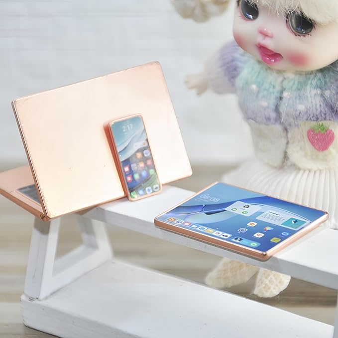Dollhouse Decoration Miniature Accessories Dollhouse Worlds Smallest Computer Laptop Tablet Phone Simulation Accessories for Doll 1:6 1:12 Miniatures Play Set (Rose Golden)