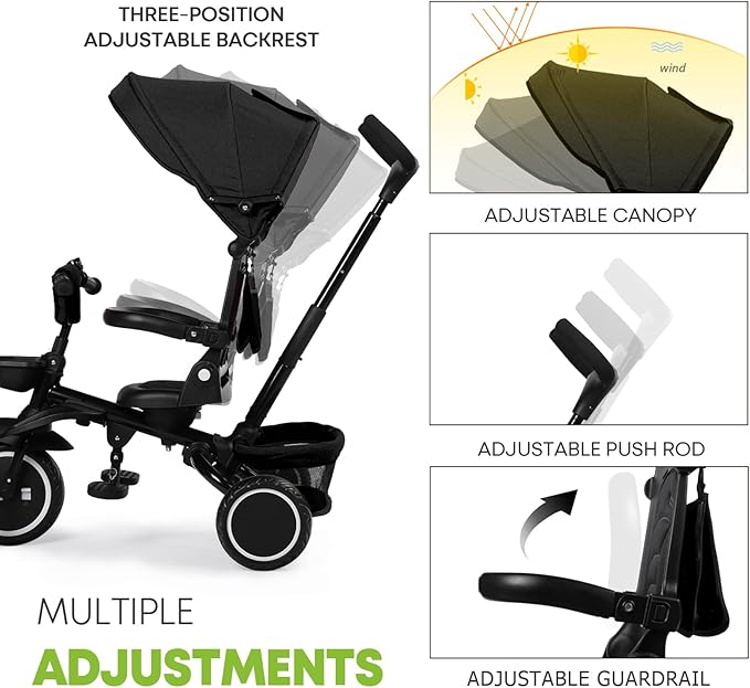 Kinder King Kids Tricycle, 8 in 1 Folding Toddler Trike w/Adjustable Push Handle, Rotatable Seat, Adjustable Canopy, Bell, Five-Point Harness, Storage, Toddler Stroller Bike for Age 6 Months+, Black
