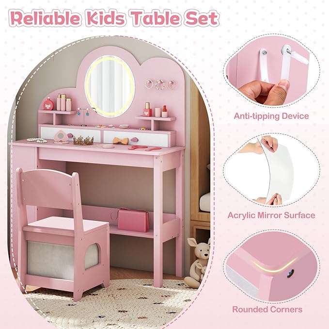 HONEY JOY Kids Vanity with Lights and Open Bookshelf, Cloud Princess Makeup Dressing Desk, Drawers, Wooden Pretend Play Toddler Vanity Table & Chair Set with Lighted Mirror for Little Girls (Pink)