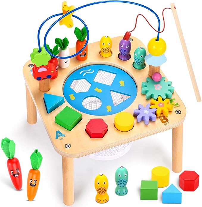 wingyz Activity Table, 6 in 1 Wooden Montessori Activity Center with Bead Maze Shape Sorter Fishing Game, Kids Sensory Play Table Toddler Toys 1st Birthday Gifts Boy Girl