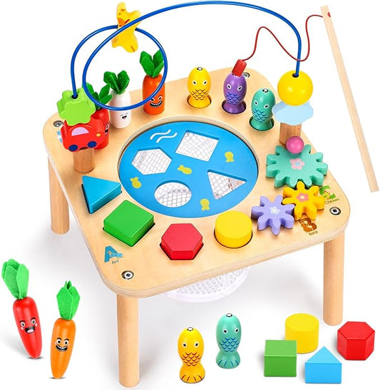 wingyz Activity Table, 6 in 1 Wooden Montessori Activity Center with Bead Maze Shape Sorter Fishing Game, Kids Sensory Play Table Toddler Toys 1st Birthday Gifts Boy Girl