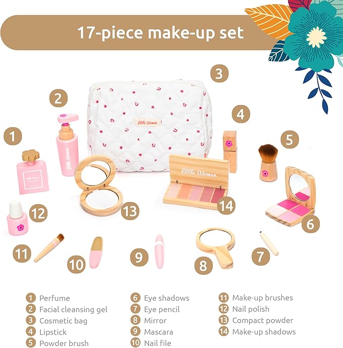 UMU® Wooden Pretend Makeup Kit for Toddlers – Realistic Toy Beauty Set for Girls with Lipstick, Mirror, Perfume, Powder & Cosmetic Bag – Play Makeup for Kids Ages 3 4 5 6