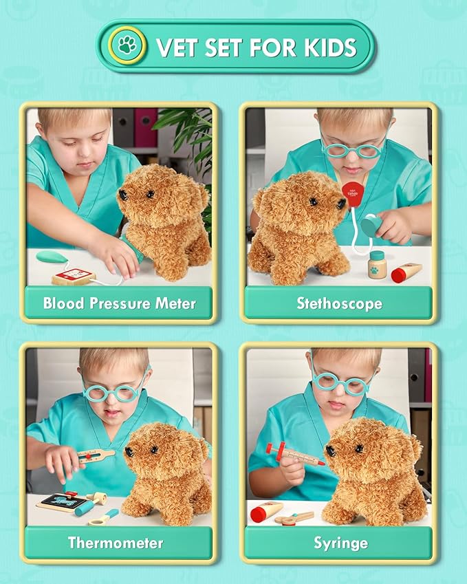 Lehoo Castle Wooden Doctor Kit for Kids, Vet Play Sets, Veterinarian Kit Pretend Play Doctor Set with Dog Bag, Medical Kits Doctor Toys Gift for Boys Girls Aged 3 4 5