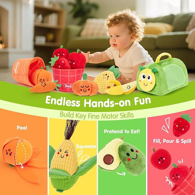 hahaland Montessori Toys for 1 Year Old - Color Sorting Fruits & Veggies Sensory Baby Toys 6-12 Months, 17 PCS Plush Play Food with Caterpillar Storage Bag, Baby Stocking Stuffers First Learning Gifts